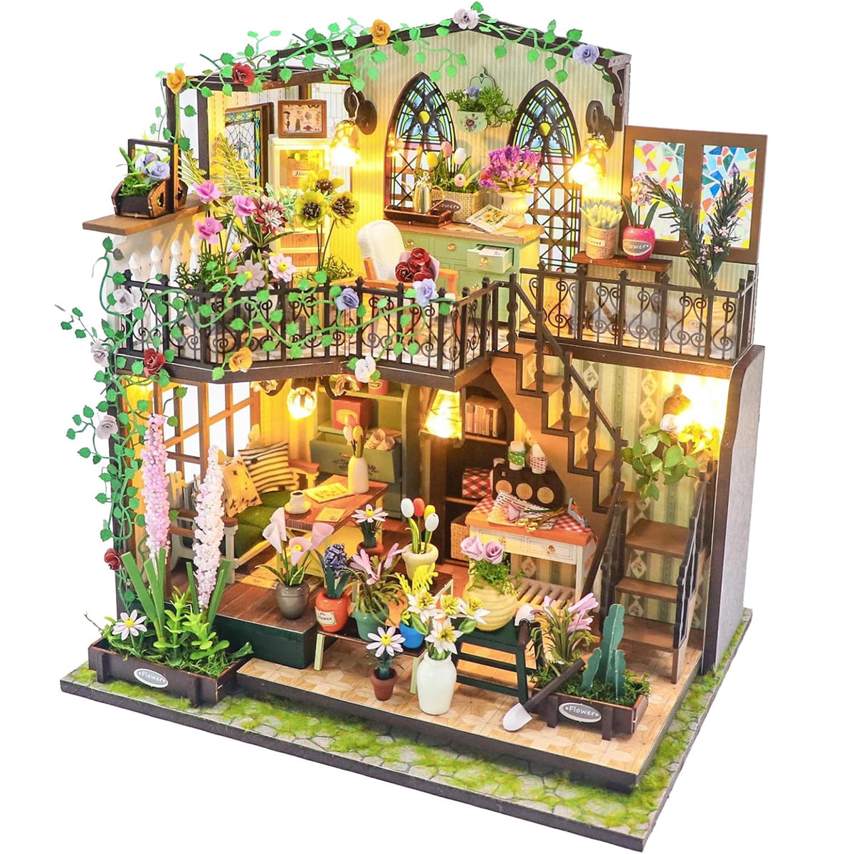 Book Nook Kit, Miniature Garden House 3D Wooden Puzzle with LED Light and Furniture, Bookshelf Decor Craft Gift for Adults