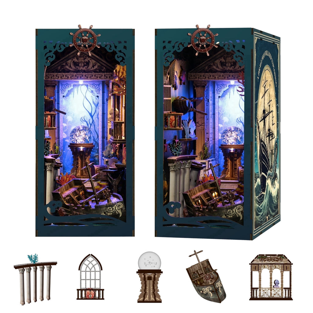 DIY Book Nook Kit, Mysteries Beneath the Sea 3D Wooden Puzzle with LED Light, Bookshelf Craft Kit for Adults Teens (14+)