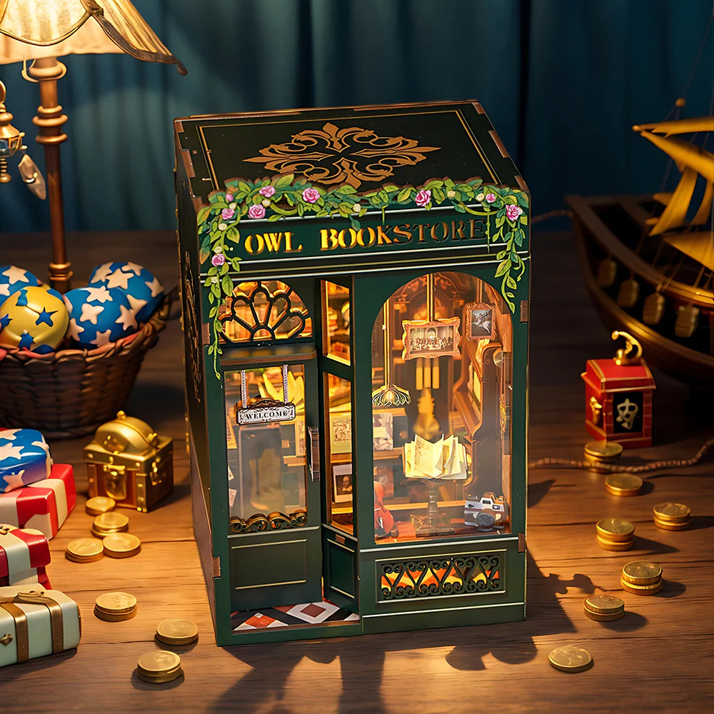 CUTEBEE DIY Book Nook Kit – Owl Bookstore Miniature Dollhouse Insert with LED Light, 3D Wooden Puzzle Craft Kit for Adults & Teens