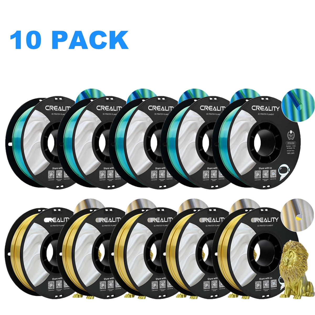 Creality Official 3D Printer Filament 2 Packs 1.75mm Silk PLA Filament Dimensional Accuracy +/- 0.03 mm 2.2lbs for 3D Printers