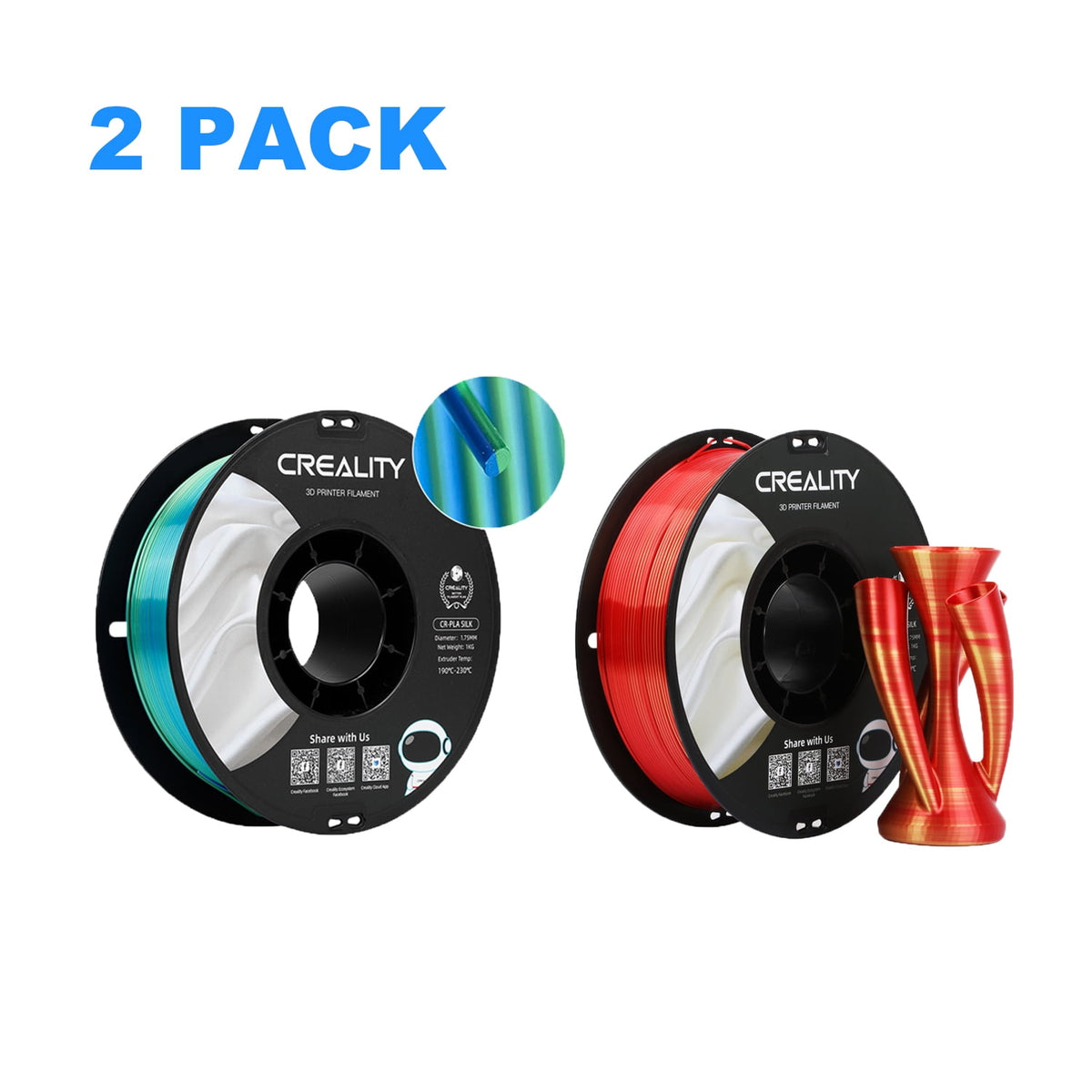 Creality Official 3D Printer Filament 2 Packs 1.75mm Silk PLA Filament Dimensional Accuracy +/- 0.03 mm 2.2lbs for 3D Printers