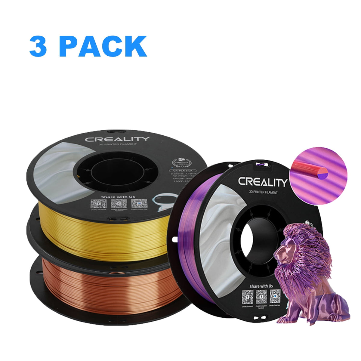 Creality Official 3D Printer Filament 2 Packs 1.75mm Silk PLA Filament Dimensional Accuracy +/- 0.03 mm 2.2lbs for 3D Printers