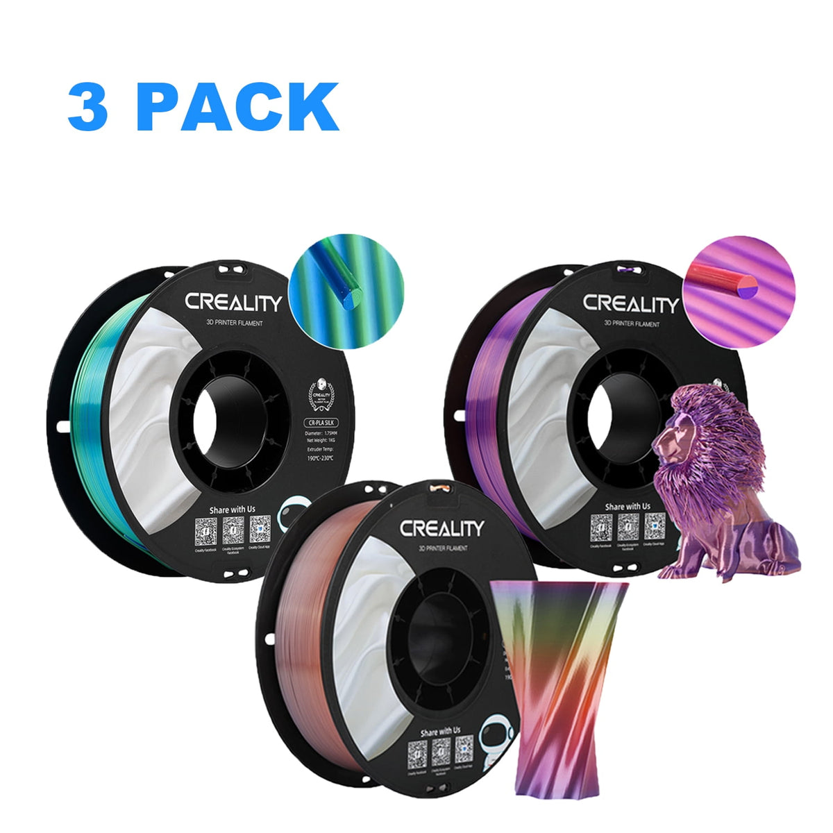 12 Pack Creality 1.75mm Silk PLA Filaments Gloss Shiny Silk PLA 12kg, Tangle-free for All 3D Printers-All Colors