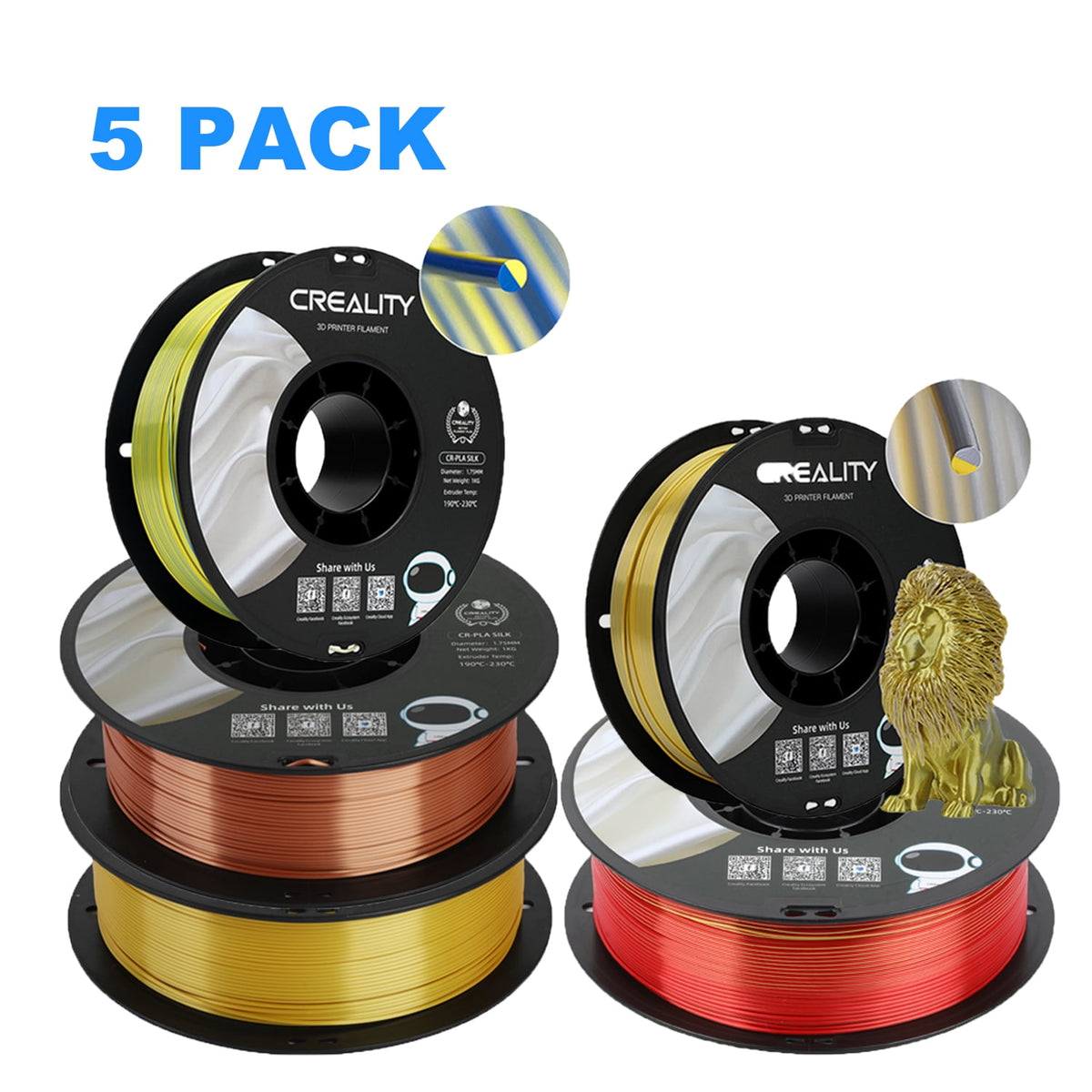 12 Pack Creality 1.75mm Silk PLA Filaments Gloss Shiny Silk PLA 12kg, Tangle-free for All 3D Printers-All Colors