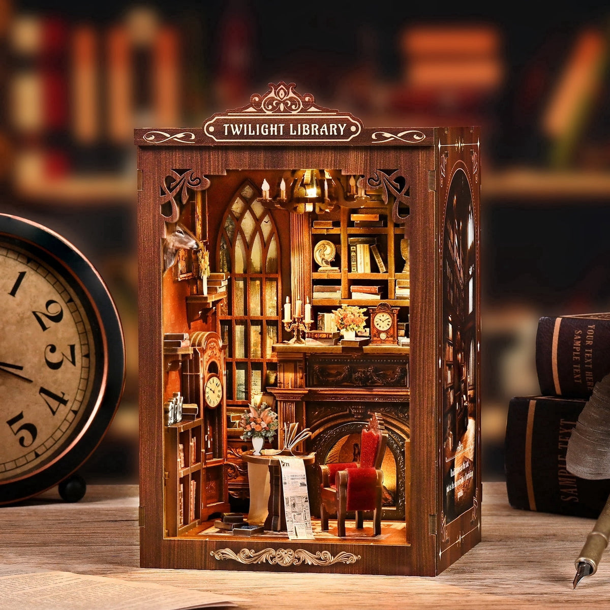 DIY Book Nook Kit – 3D Wooden Puzzle Miniature House Bookshelf Insert with LED Light, Craft Kit for Adults & Teens, Library of Glimmers