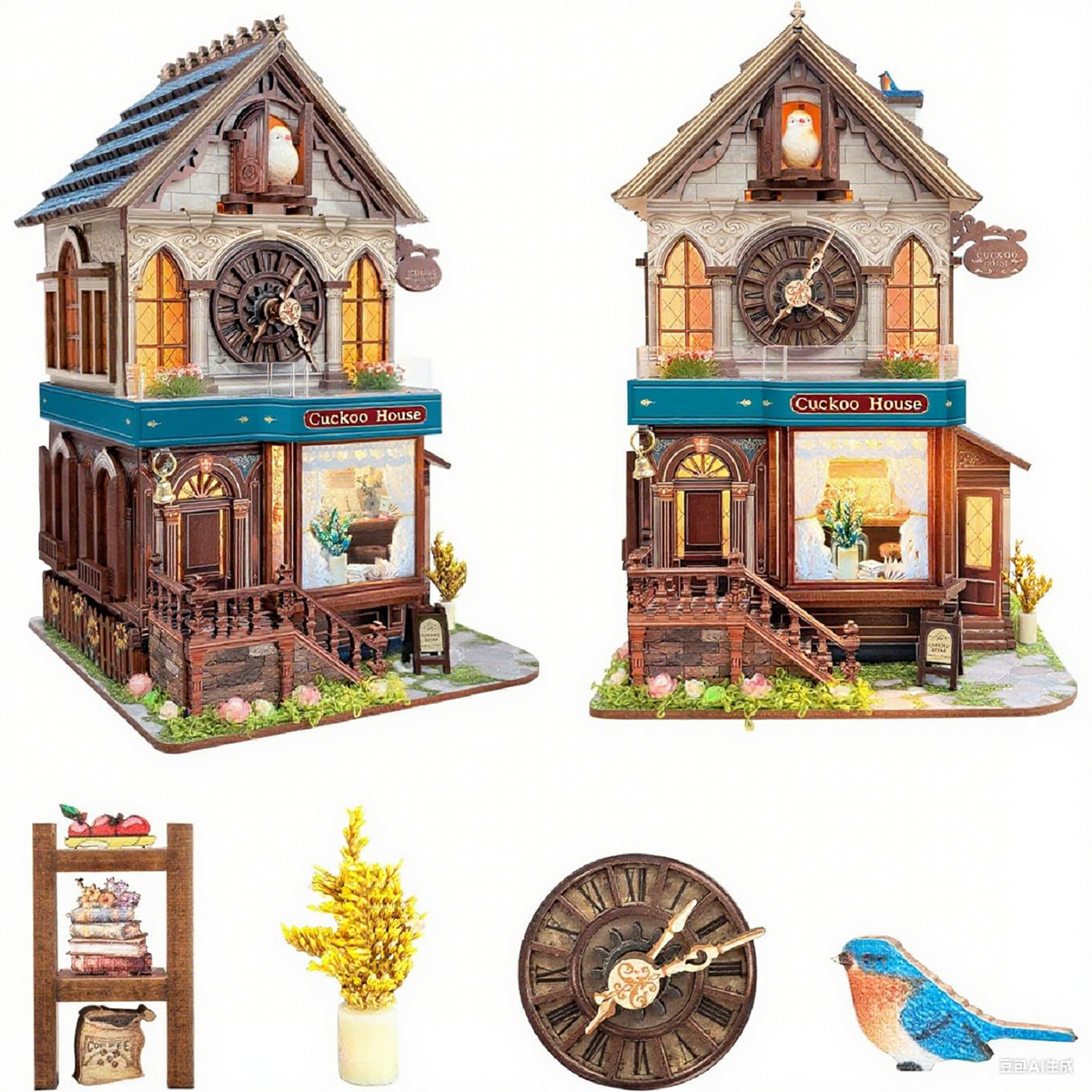 DIY Book Nook Kit,3D Wooden Puzzles - Miniature Cuckoo Clock House Kit, DIY Wooden Building Set for Adults and Teens, Mini Model Kit with 3-Mode Touch Switch - Cuckoo House