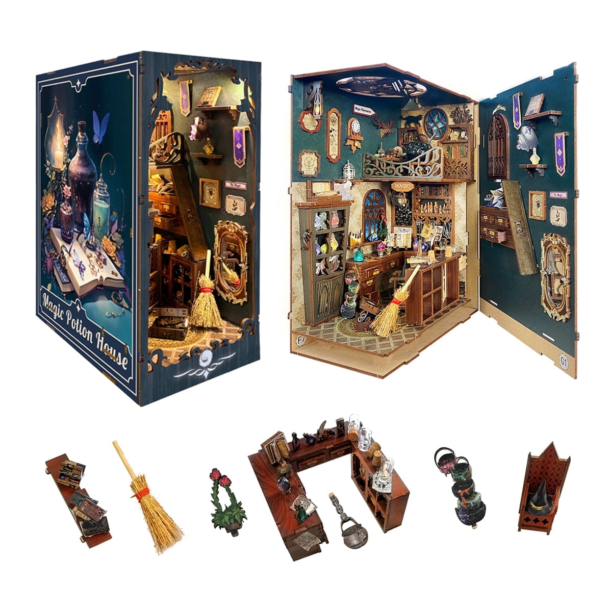 Strucwood DIY Book Nook Kit with Dust Cover Magic Apothecary Bookshelf Decor 3D Puzzle Book Nooks for Adults Gifts (SQ-04)
