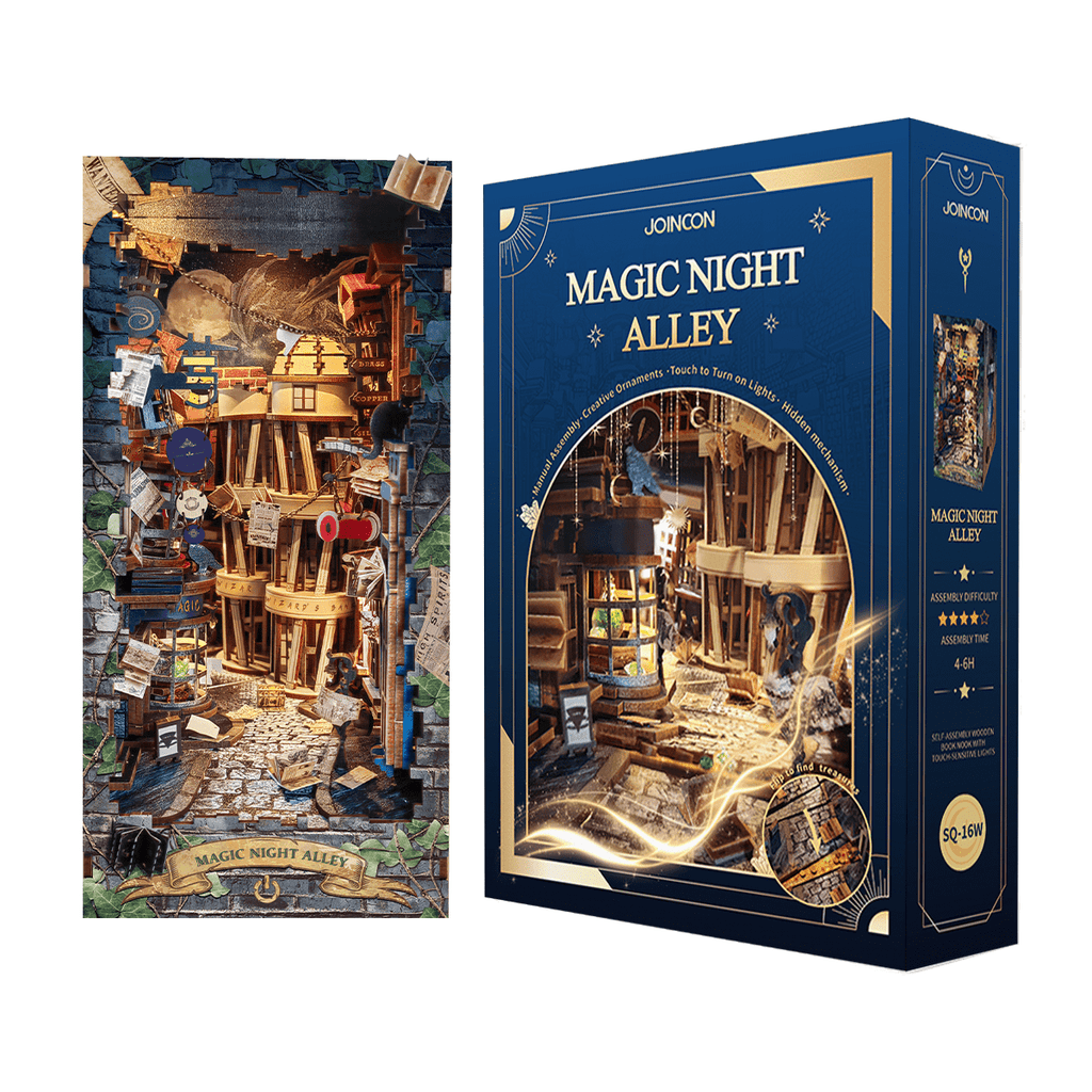 Strucwood DIY Book Nook Kit Magic Night Alley Wooden Puzzles with LED Dust Cover,3D Crafts Hobbies,Gifts for Adults(SQ-16)