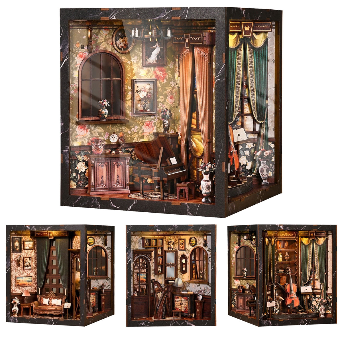 DIY Book Nook Kit with LED Light,Forest Tea Book Club Miniature House Bookshelf Insert Decor, 3D Wooden Puzzle Dollhouse Craft Kit for Adults Teens, Book Lover Gift