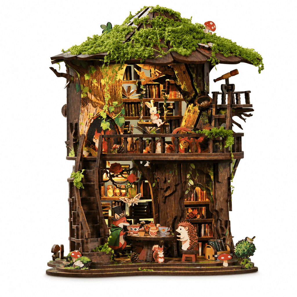 DIY Book Nook Kit with LED Light,Forest Tea Book Club Miniature House Bookshelf Insert Decor, 3D Wooden Puzzle Dollhouse Craft Kit for Adults Teens, Book Lover Gift