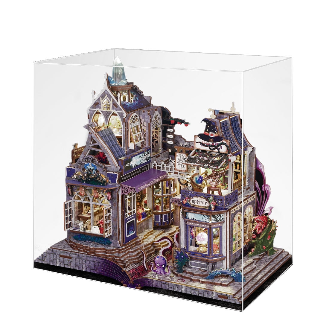 DIY Miniature House Kit, 3D Wooden Puzzle Magic Castle Street Scene Model Kit with Touch Light, Handcrafted Miniature Fairy Tale House for Adults