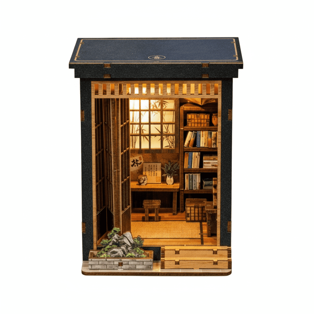 DIY Miniature House Kit, Book Nook Diorama Kit, 3D Wooden Puzzle Oriental Study Mini Scene Model with LED Lights, Wooden Assembly Decor for Desktop Display & Gift‑Giving