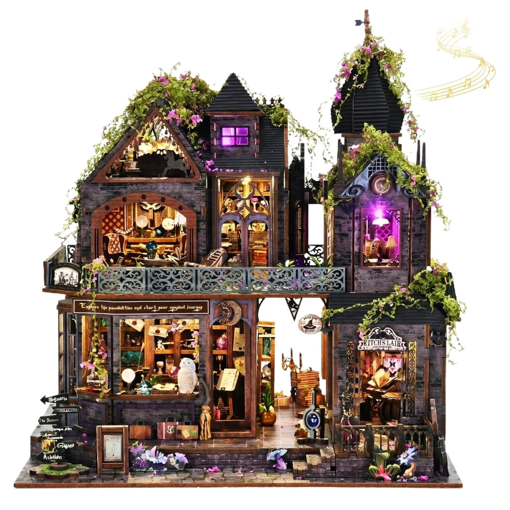 Dollhouse Kit for Adult Builders, DIY Magic Castle Gothic Witch Miniature House, 3D Wooden Puzzle Diorama with Touch‑Activated LED Lights and Music Box, Halloween Tabletop Display Gift
