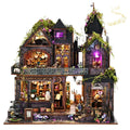 Dollhouse Kit for Adult Builders, DIY Magic Castle Gothic Witch Miniature House, 3D Wooden Puzzle Diorama with Touch‑Activated LED Lights and Music Box, Halloween Tabletop Display Gift
