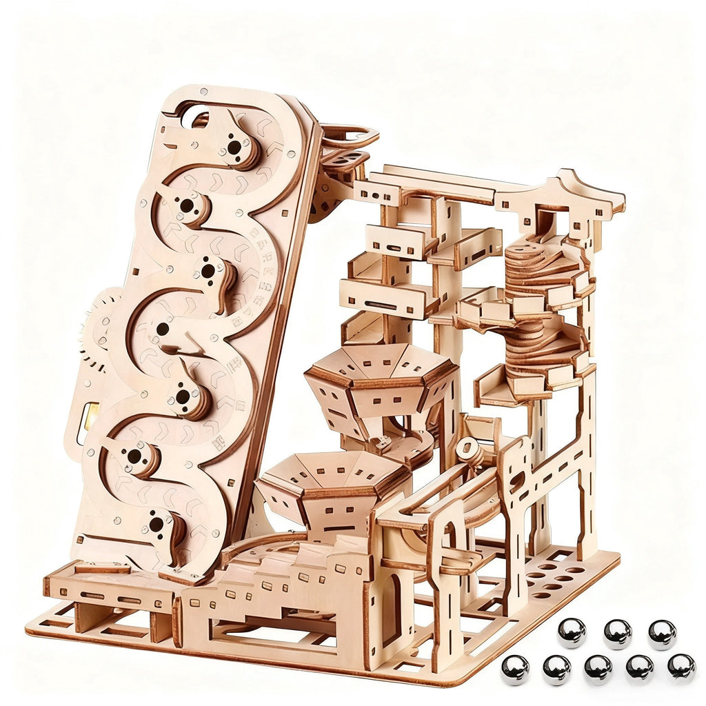 Electric Marble Run DIY Wooden 3D Puzzle Kit, Battery‑Powered Marble Track Model Building Kit for Teens & Adults 14+