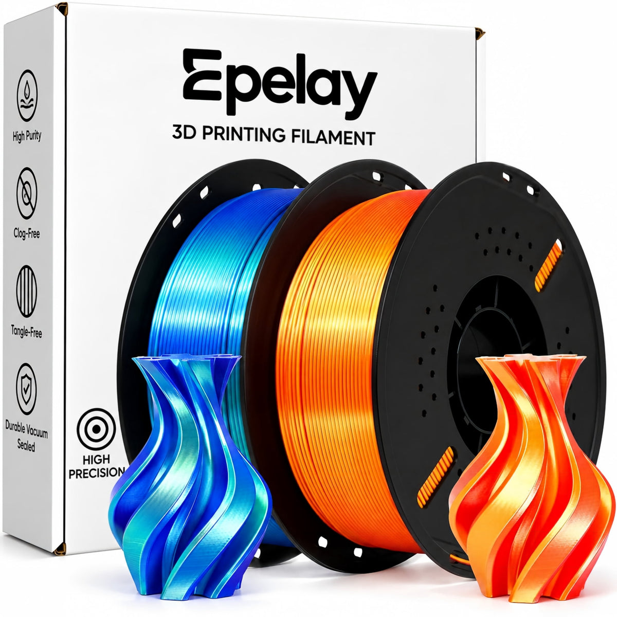 Epelay Silk PLA Plus 3D Printer Filament 1.75mm, Shiny Silver Finish, 1kg Spool, Strong Layer Adhesion, Smooth & Glossy Prints, Fits Most FDM Printers