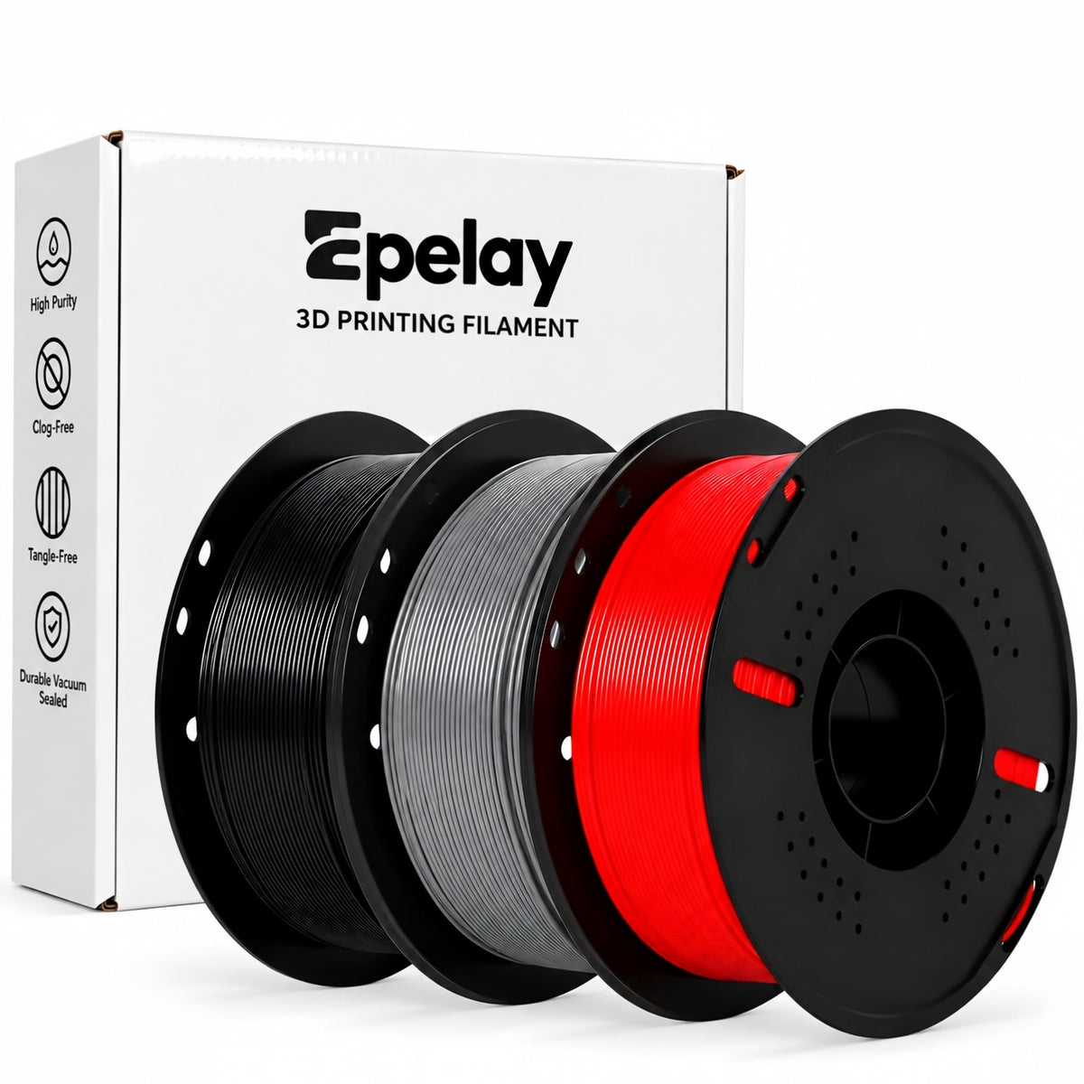Epelay PLA Plus 3D Printer Filament, 1.75mm, 3 x 1kg Spools, Black, White & Gray, Compatible with Most FDM Printers