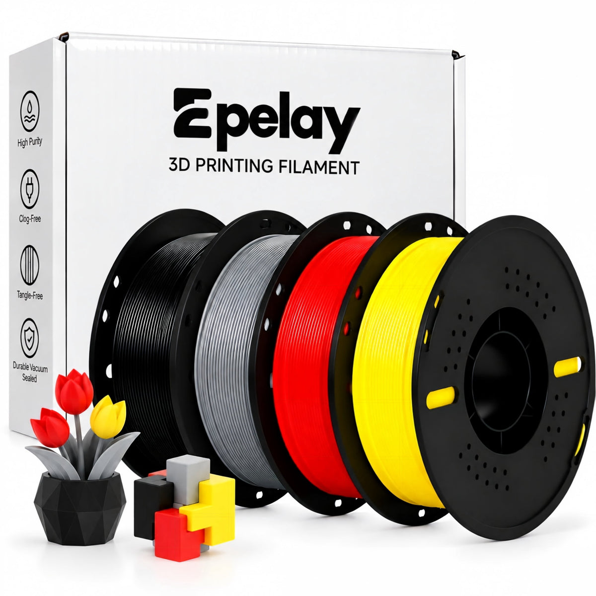 Epelay Matte PLA Plus 3D Printer Filament 1.75mm, 4kg Black, White, Red & Blue for FDM Printers