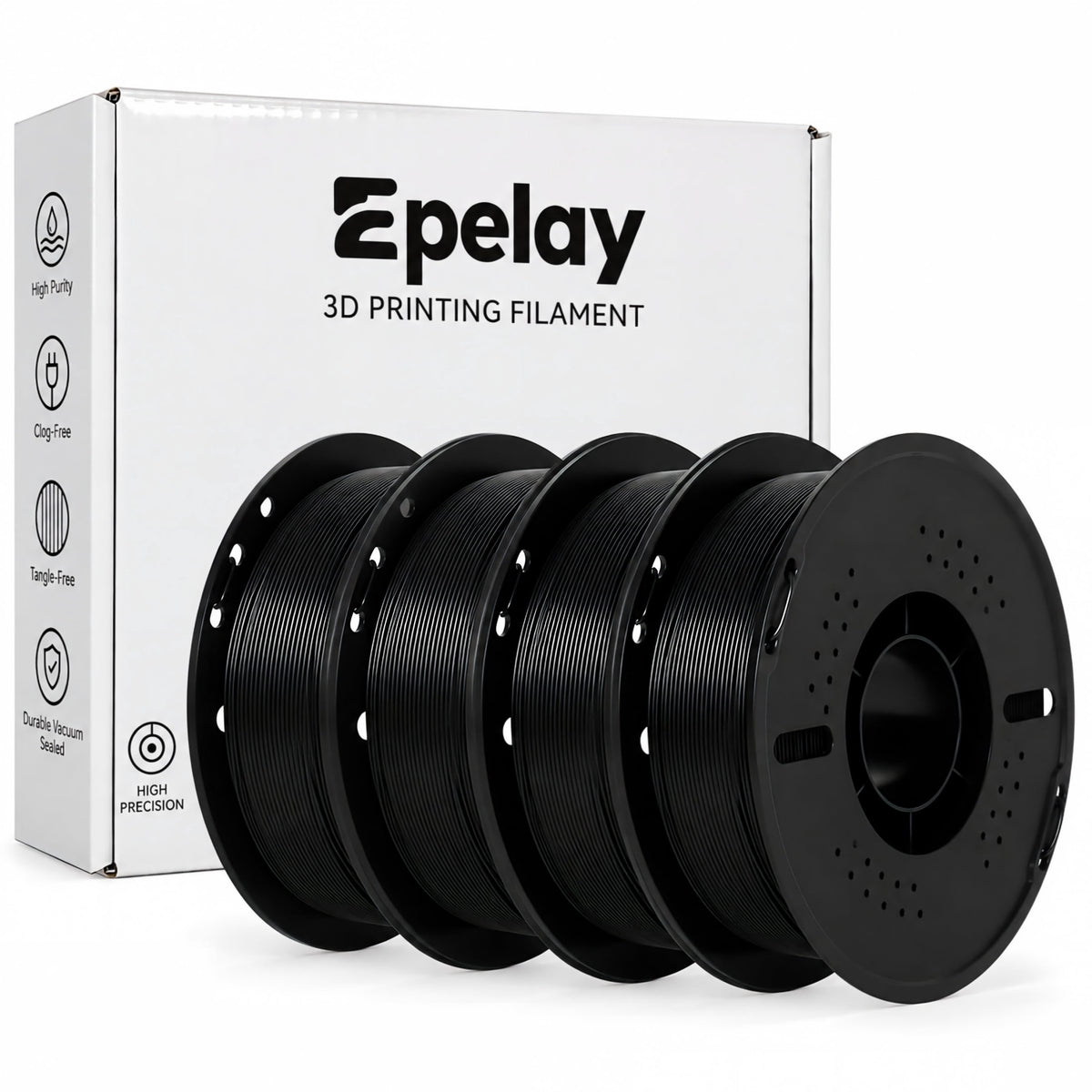 Epelay PLA Plus 3D Printer Filament, 1.75mm, 4 x 1kg Spools, Black, Compatible with Most FDM Printers