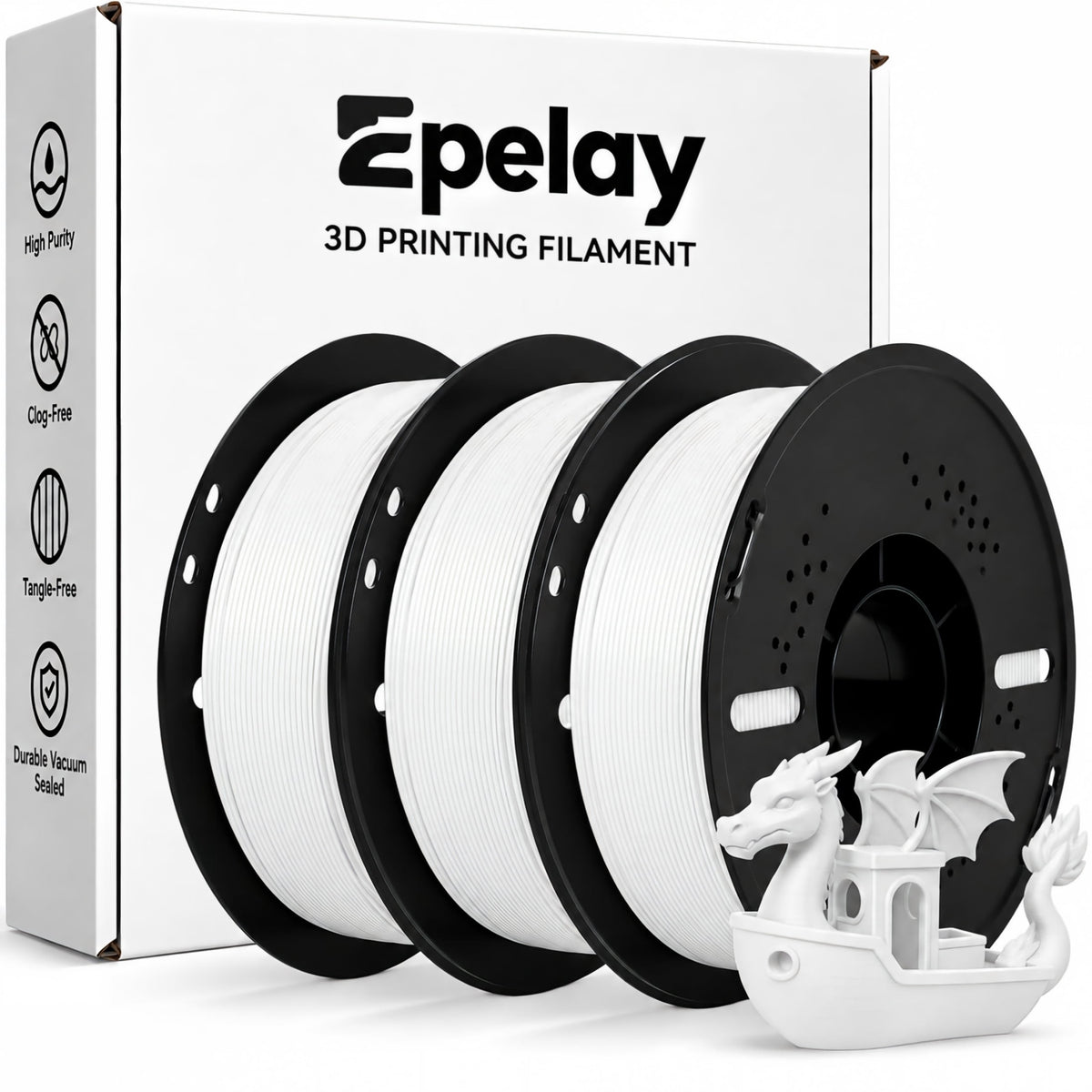 Epelay PLA Plus 3D Printer Filament, 1.75mm, 1kg Spool, White, Compatible with Most FDM Printers