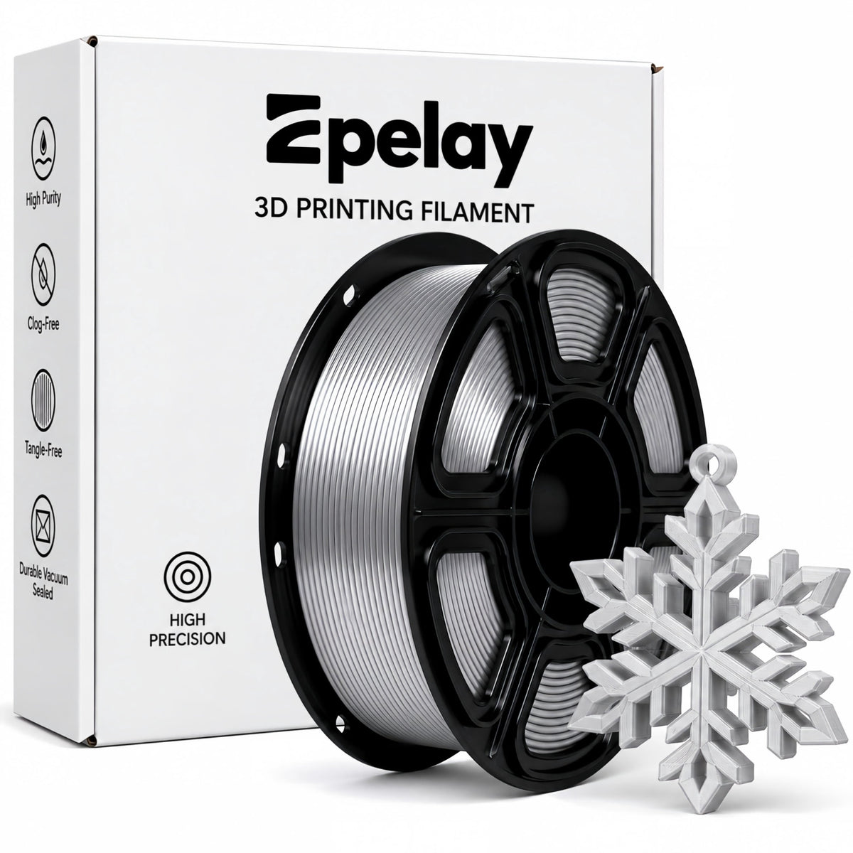 Epelay Silk PLA Plus 3D Printer Filament 1.75mm, Shiny Silver Finish, 1kg Spool, Strong Layer Adhesion, Smooth & Glossy Prints, Fits Most FDM Printers