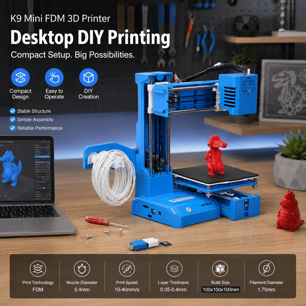 Fully Assembled Mini K9 3D Printer, High-Precision 3D Printing Machine with Automatic Leveling, Suitable for Beginners, Compact Blue 3D Printer for Hobbyists, blue, 1set