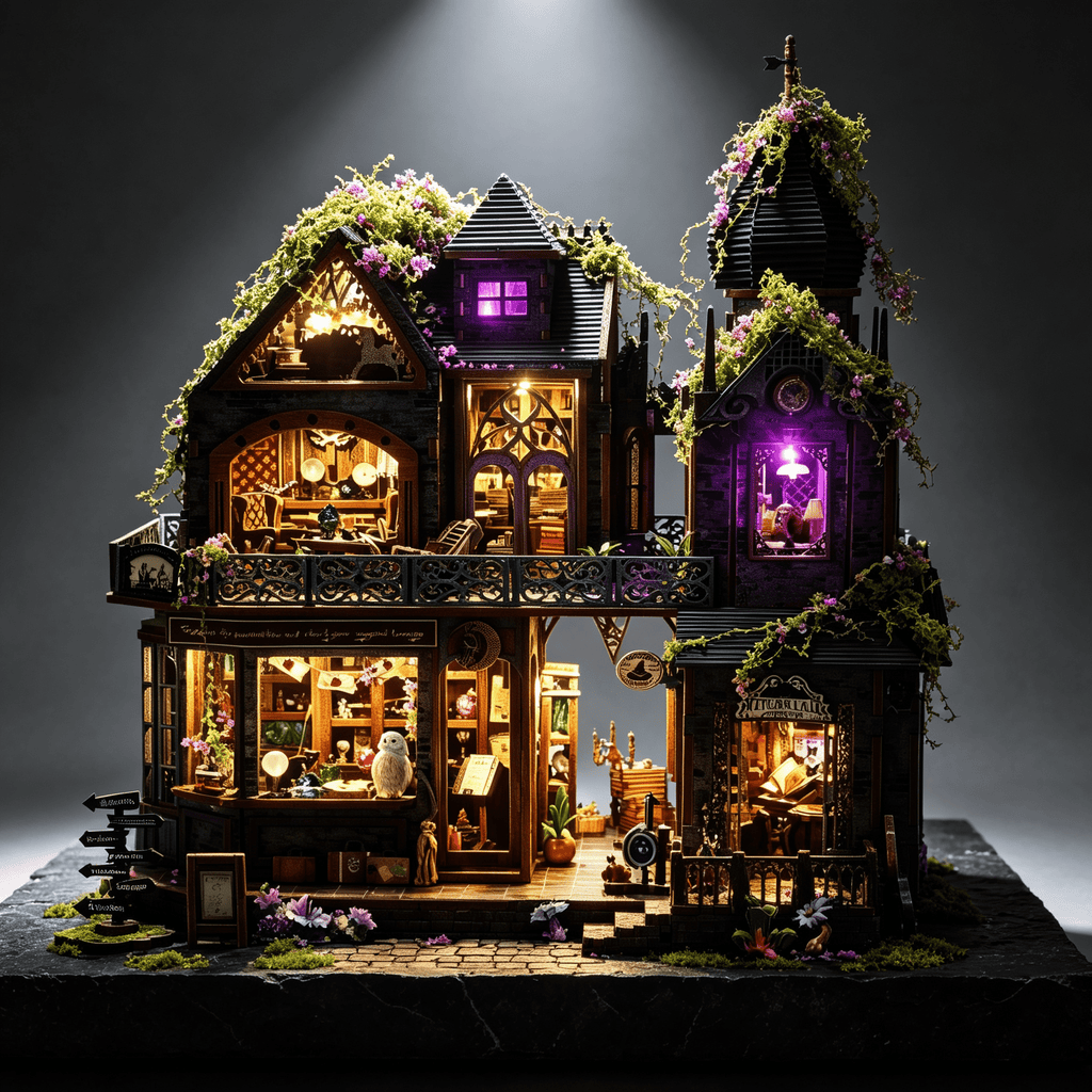 Halloween DIY Enchanted Castle, Light‑Up Musical Magic Store Building Set, Craft Kits for Adults, Detailed Wooden 3D Puzzle Model, Halloween Decorations Indoor & Holiday Collectible Gift