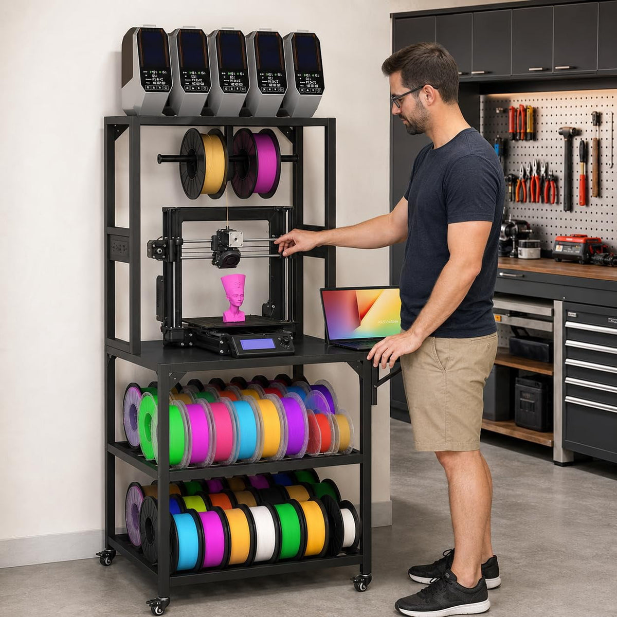 Heavy Duty 3D Printer Stand with Filament Storage Rack, Mobile 3D Printer Workbench with T-Shaped Filament Spool Holder, Lockable Wheels & Storage Shelves for Home Office Workshop (Style A)