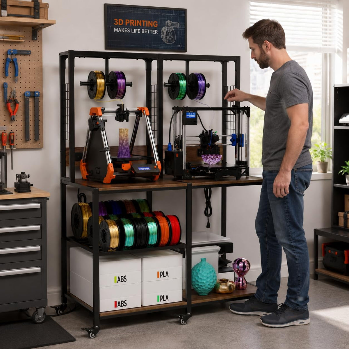 Heavy Duty 3D Printer Stand with Filament Storage Rack, Mobile 3D Printer Workbench with T-Shaped Filament Spool Holder, Lockable Wheels & Storage Shelves for Home Office Workshop (Style A)