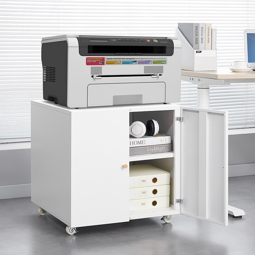 Heavy Duty Metal Printer Stand with Lockable Doors - Adjustable Shelf & Wheels - Large Mobile Filing Cabinet for Office Storage, 3D Printers, Copiers, Heat Press - 90kg Capacity - White, Big
