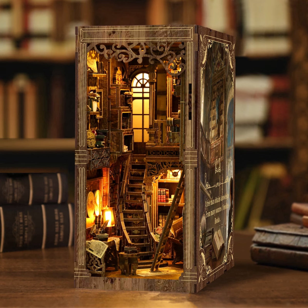 LSNOYRD Book Nook Kit, Antique Library DIY Miniature House 3D Wooden Puzzle with LED Lights, Bookshelf Insert Decoration, Handmade Craft Gift