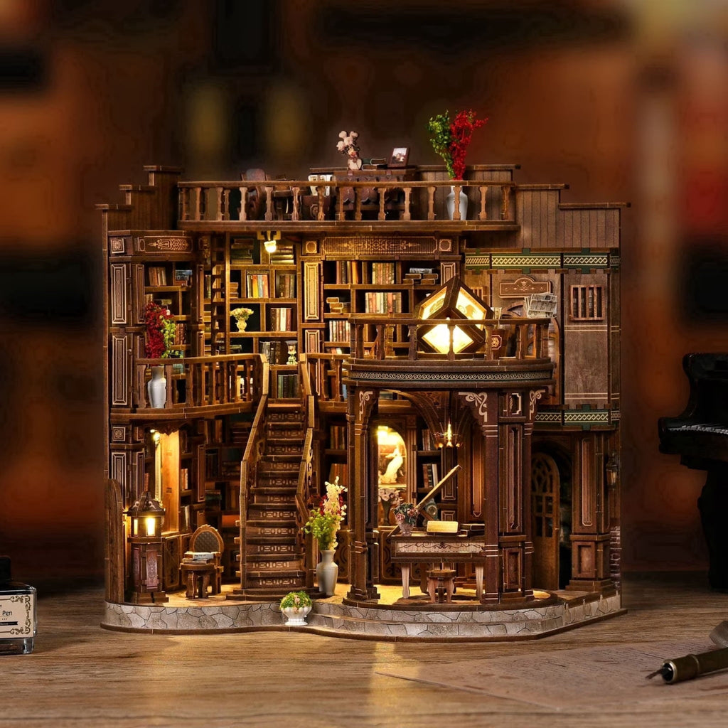 LSNOYRD DIY Book Nook Kit with LED Light, Dreamy Book Hall 3D Wooden Puzzle Miniature House Bookend for Bookshelf Decor, 888PCS, Craft Gift for Adults