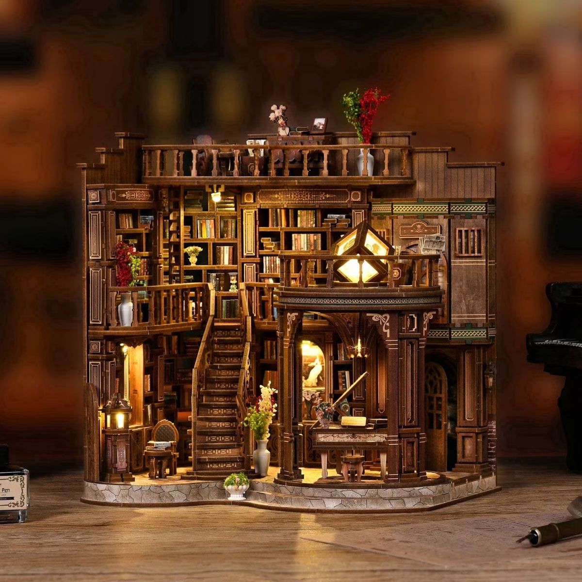 LSNOYRD DIY Book Nook Kit with LED Light, Dreamy Book Hall 3D Wooden Puzzle Miniature House Bookend for Bookshelf Decor, 888PCS, Craft Gift for Adults