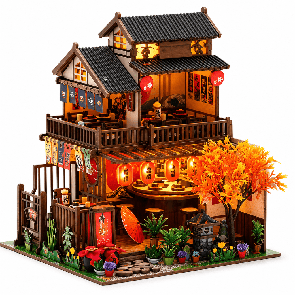 MOJINO Book Nook DIY Miniature House Kit for Adults, Japanese Street Tiny House Dollhouse with LED Light, 3D Wooden Puzzle Bookshelf Decor for Teens and Adults