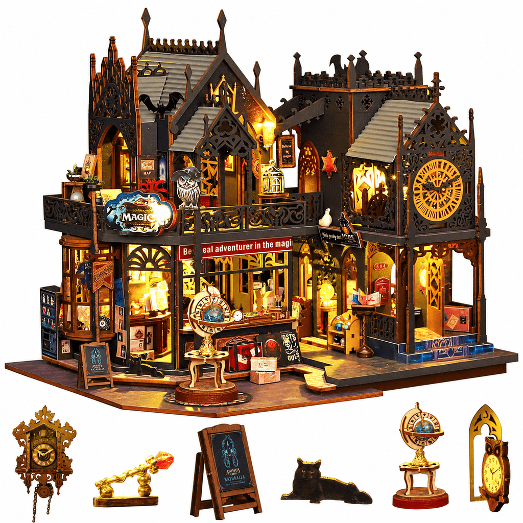 MOJINO Magic Book Nook Kit for Adults, DIY Miniature House Kit with LED Light, 3D Wooden Puzzle, Christmas Bookshelf Decor, Birthday Gift for Book Lovers