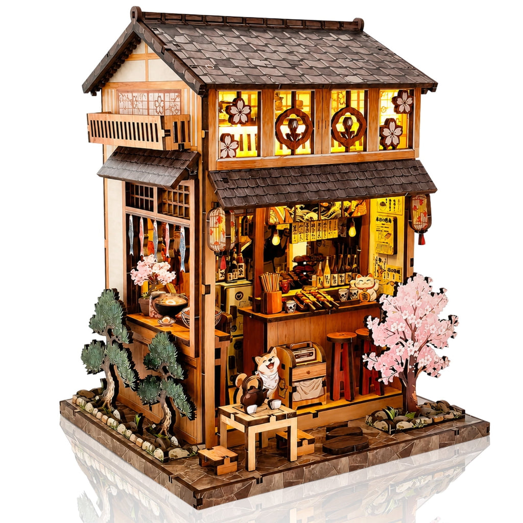 MOJINO Book Nook Kit for Adults, DIY Miniature House Kit Yakitori Grill House, 3D Wooden Puzzle with LED Light, Japanese Bookshelf Decor Craft Kit