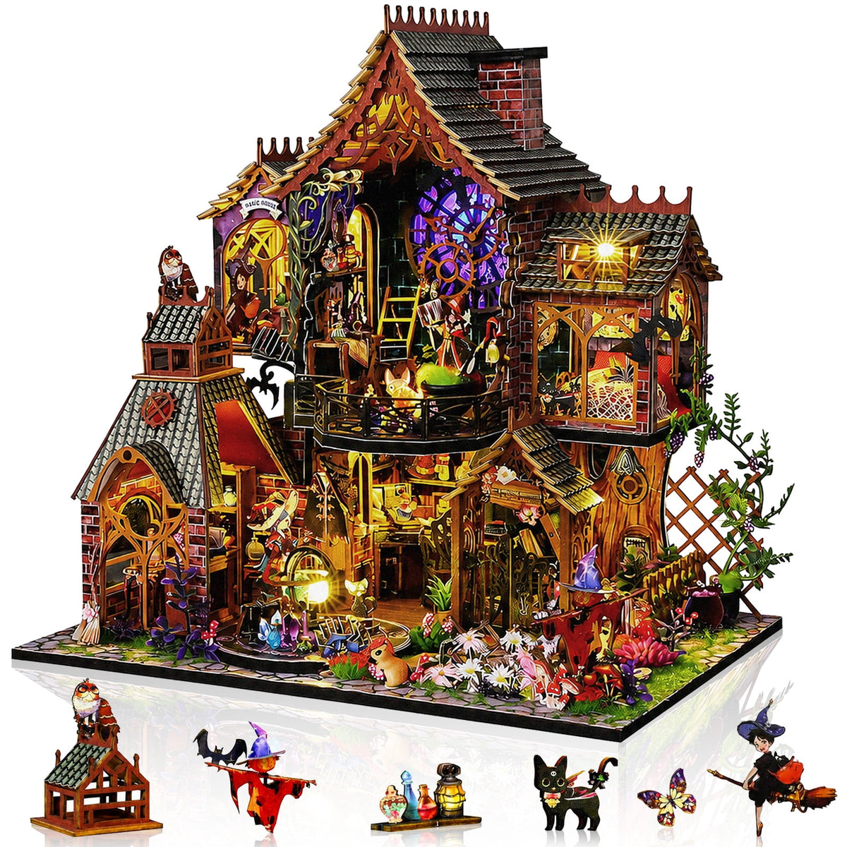 MOJINO Book Nook kit, DIY Miniature House Kit for Adults, Magic Witch House 3D Wooden Puzzle Dollhouse with LED Lights, Fantasy Room Decor and Craft Gift