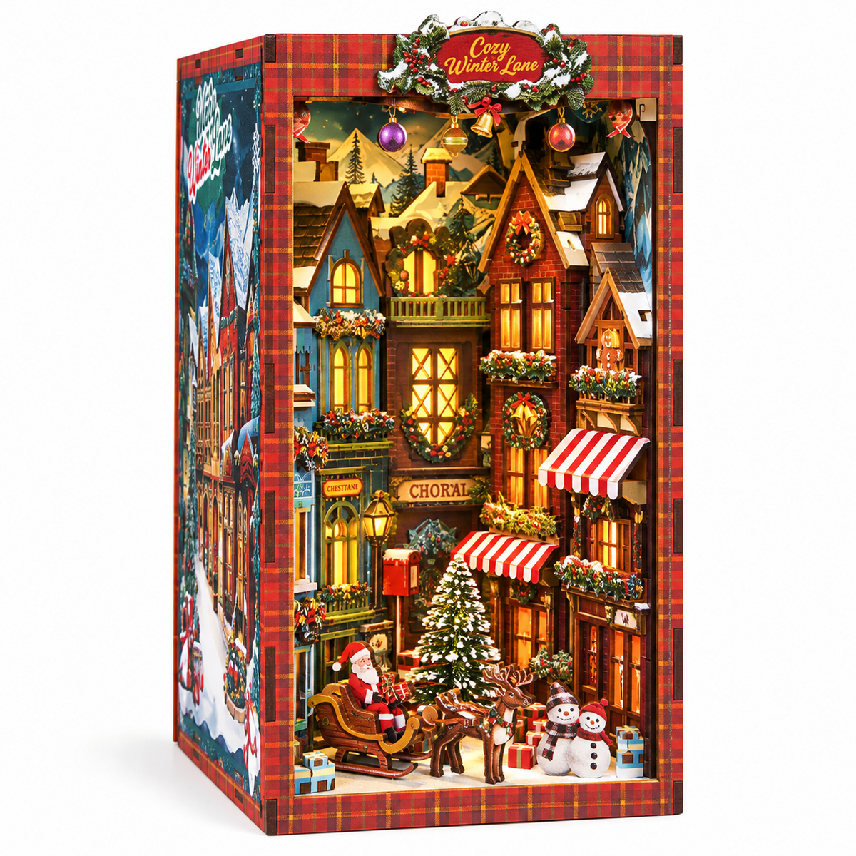 MOJINO Christmas Book Nook Kit, 3D Wooden Puzzle Bookshelf Insert Decor with LED Light, DIY Miniature Model Kit Gifts for Ages 14+