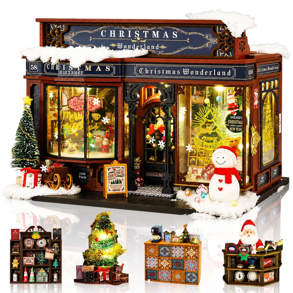 MOJINO Christmas Wonderland DIY Miniature House Kit with LED Lights, Wooden Doll House 3D Puzzle Book Nook Kit for Adults, Christmas Store Miniature Home Decor Gift