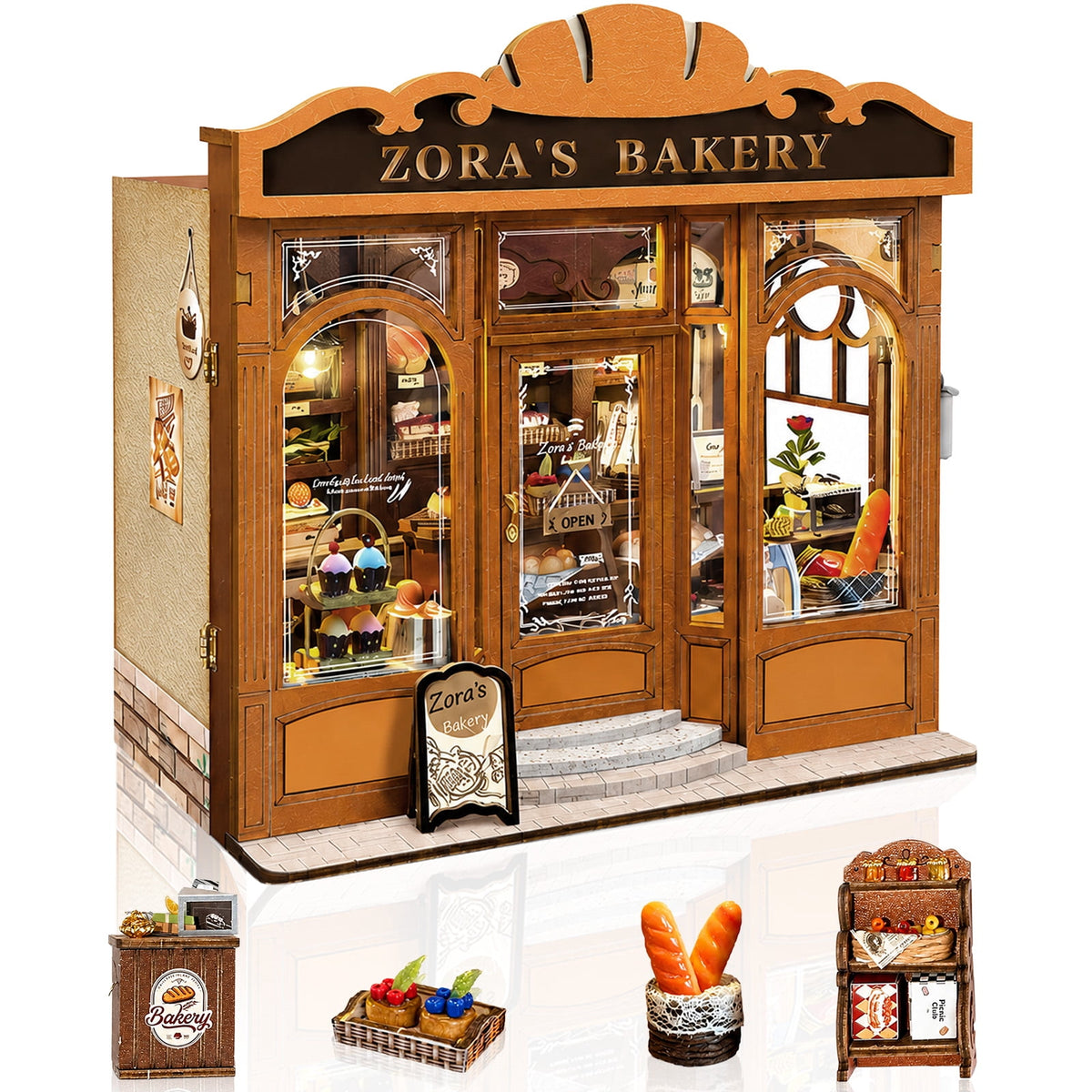 MOJINO DIY Book Nook Kit, Zora's Bakery Miniature House 3D Wooden Puzzle with LED Light, Tiny Home Dollhouse Craft Kit for Adults & Teens