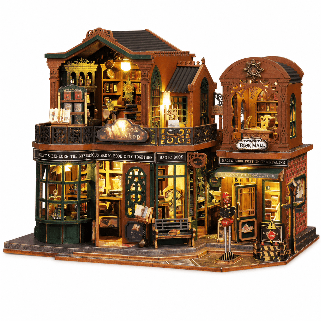MOJINO DIY Miniature House Kit, Twilight Bookstore Book Nook Kit with LED Light, 3D Wooden Puzzle Book Nook Building Kit for Adults, Teens, Bookshelf Decor Gift
