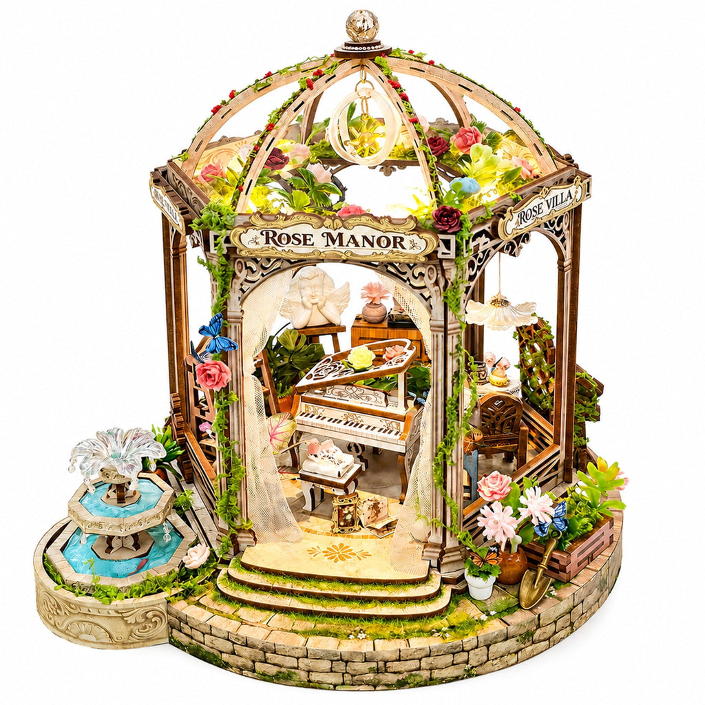 MOJINO Wooden DIY Miniature House Kit with LED Lights, Book Nook Kit for Adults, 3D Wooden Puzzle Miniature House Kit, Romantic Garden Style, Pre-Cut Craft Model Gift for Ages 14+