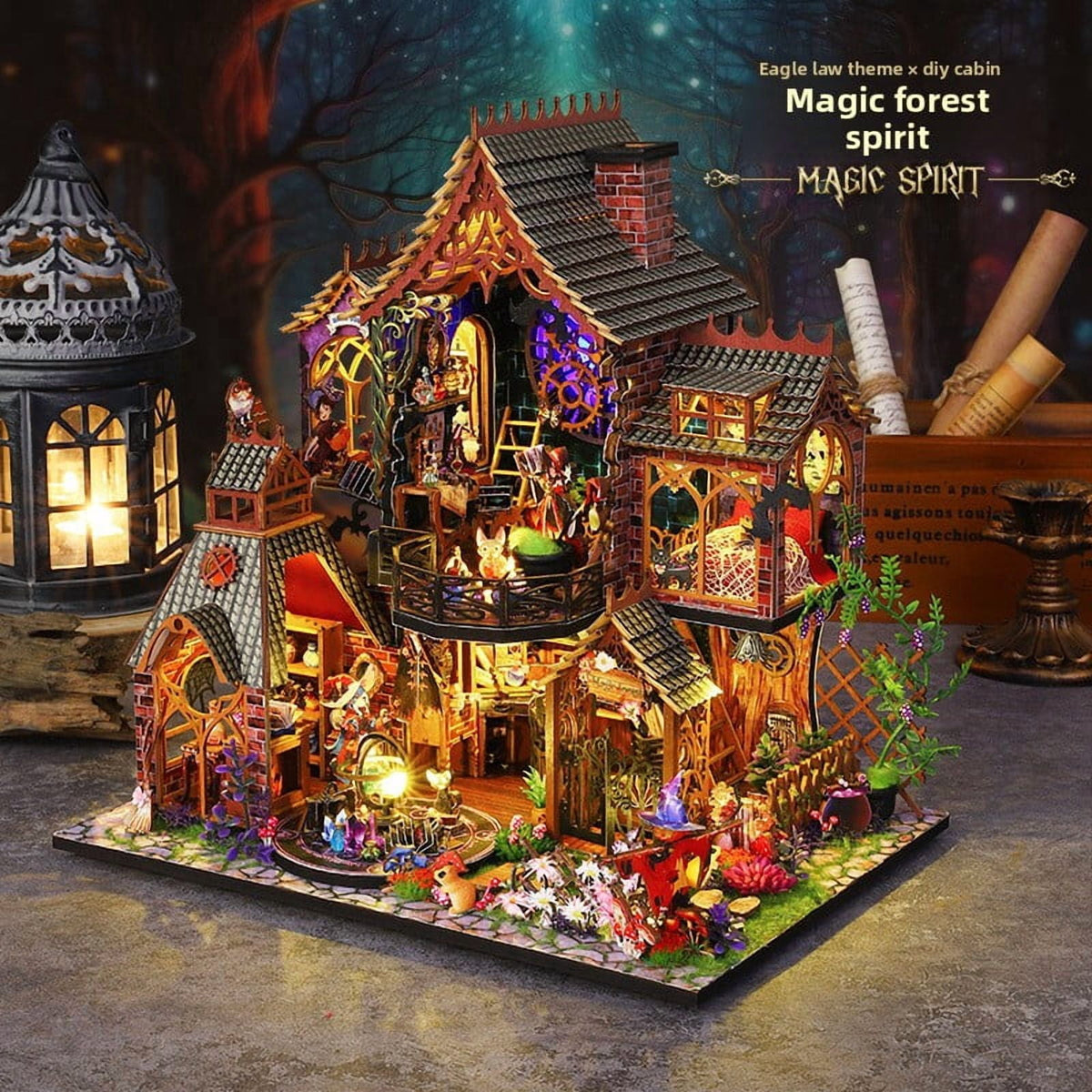Magic Spirit 3D Wooden Miniature Model Kit - Enchanted Wizard Cottage with Glowing LED Windows, Fantasy Forest Villa DIY Puzzle Gift for Adults and Hobbyists