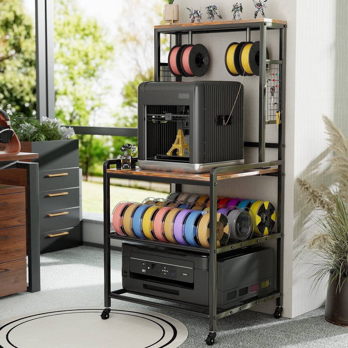 Heavy Duty 3D Printer Stand with Storage Shelf and Drawer, Industrial Rolling Printer Rack for 3D Printer Filament and Tools, Sturdy Metal Frame Printer Table for Home Office Workshop