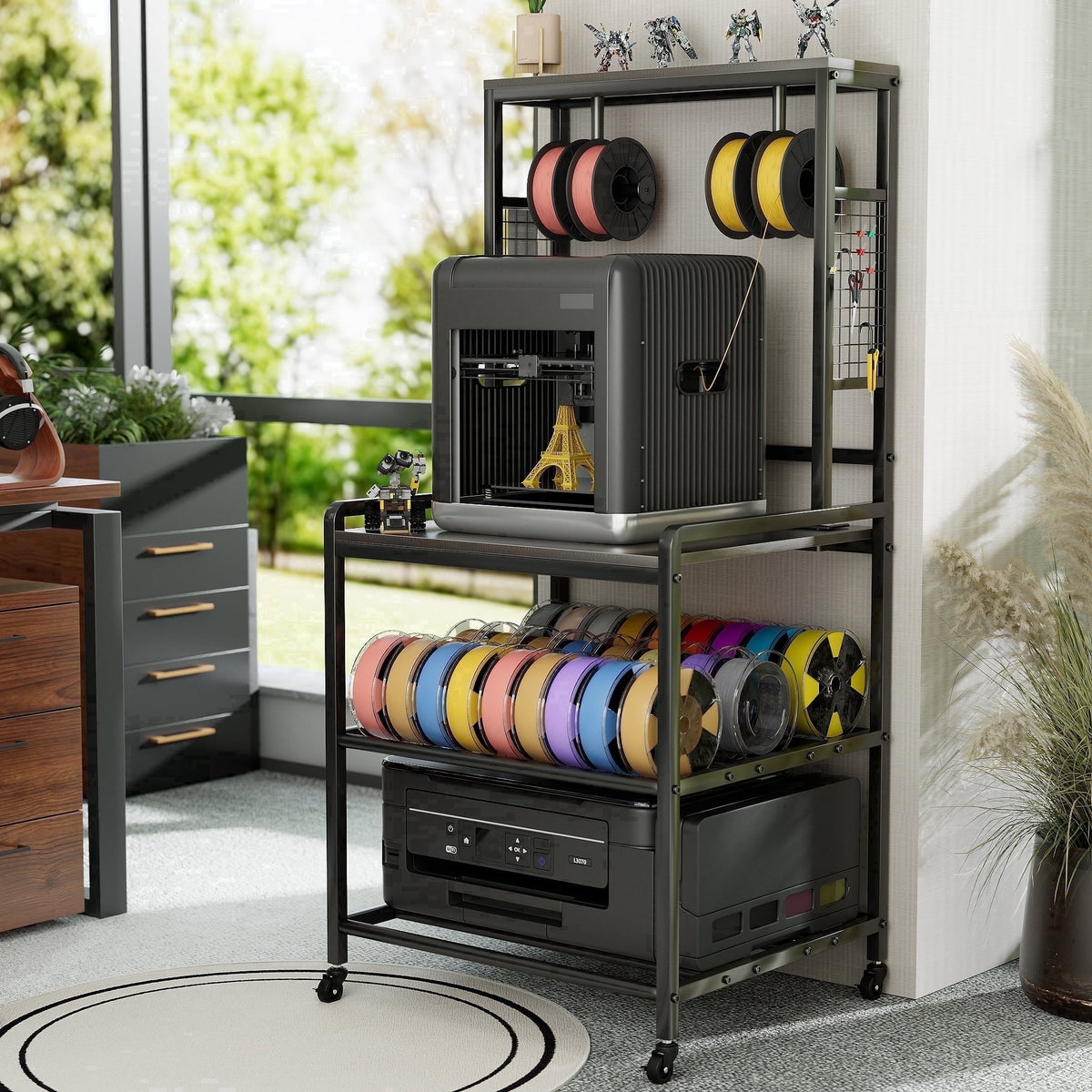 Heavy Duty 3D Printer Stand with Storage Shelf and Drawer, Industrial Rolling Printer Rack for 3D Printer Filament and Tools, Sturdy Metal Frame Printer Table for Home Office Workshop