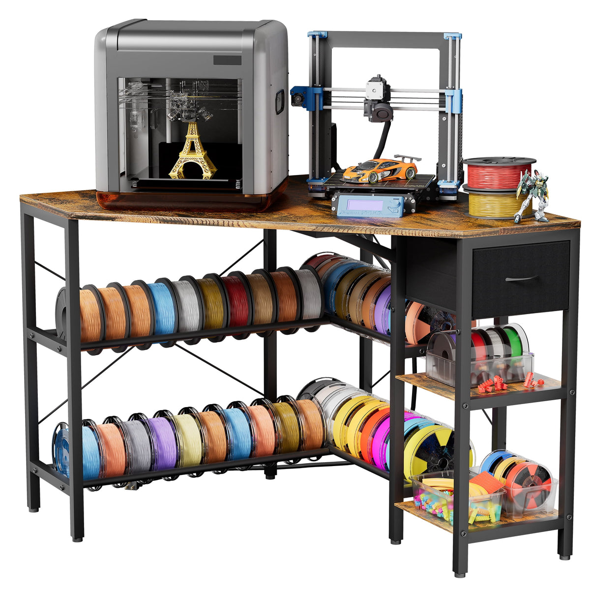Heavy Duty 3D Printer Stand with Storage Shelf and Drawer, Industrial Rolling Printer Rack for 3D Printer Filament and Tools, Sturdy Metal Frame Printer Table for Home Office Workshop