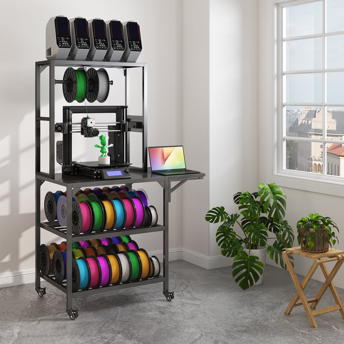 NESTIA 3D Printer Stand, Heavy Duty 3D Printer Table Stand with Filament Storage Rack, T Shaped Spools Holder Rack with Wheels, 3D Printer Workbench for 3D Printing Studio Home Office Workshop