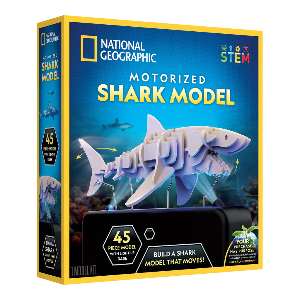 National Geographic Motorized Shark 3D Puzzle – 45-Piece Wooden Model Kit with Light-Up Display Base and Shark Facts