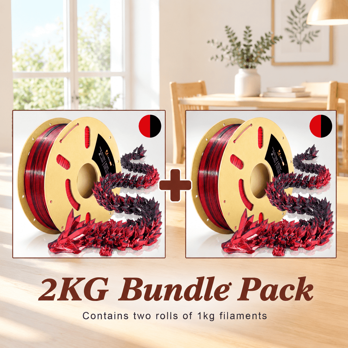 Pla 3d Printerment Silk Bundle 2kg 1.75mm Shiny Dual Color Change By Angle Printing Of Black/red 1kg X 2 Spools