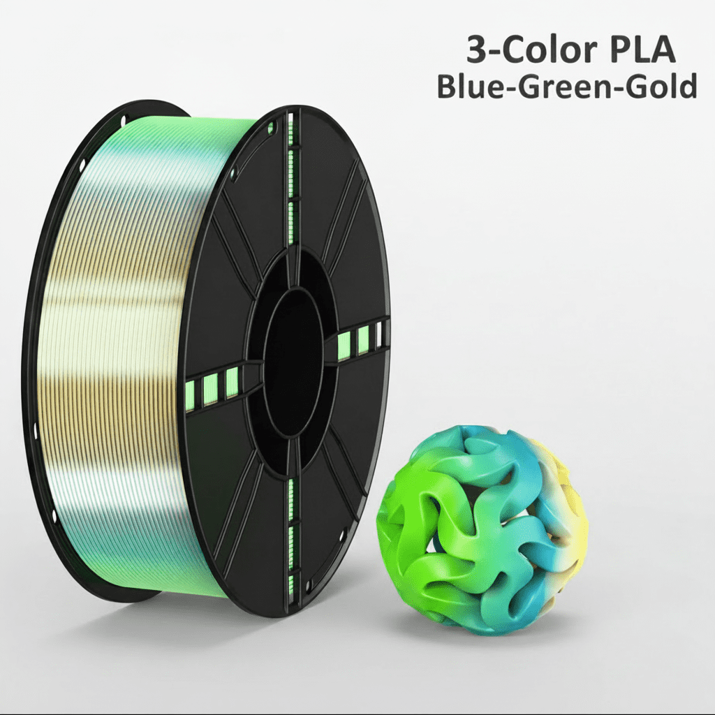 Premium Silk Tri-Color PLA 3D Printer Filament, 1.75mm, 1 kg (2.2 lb)Spools, Blue-Green-Gold Color